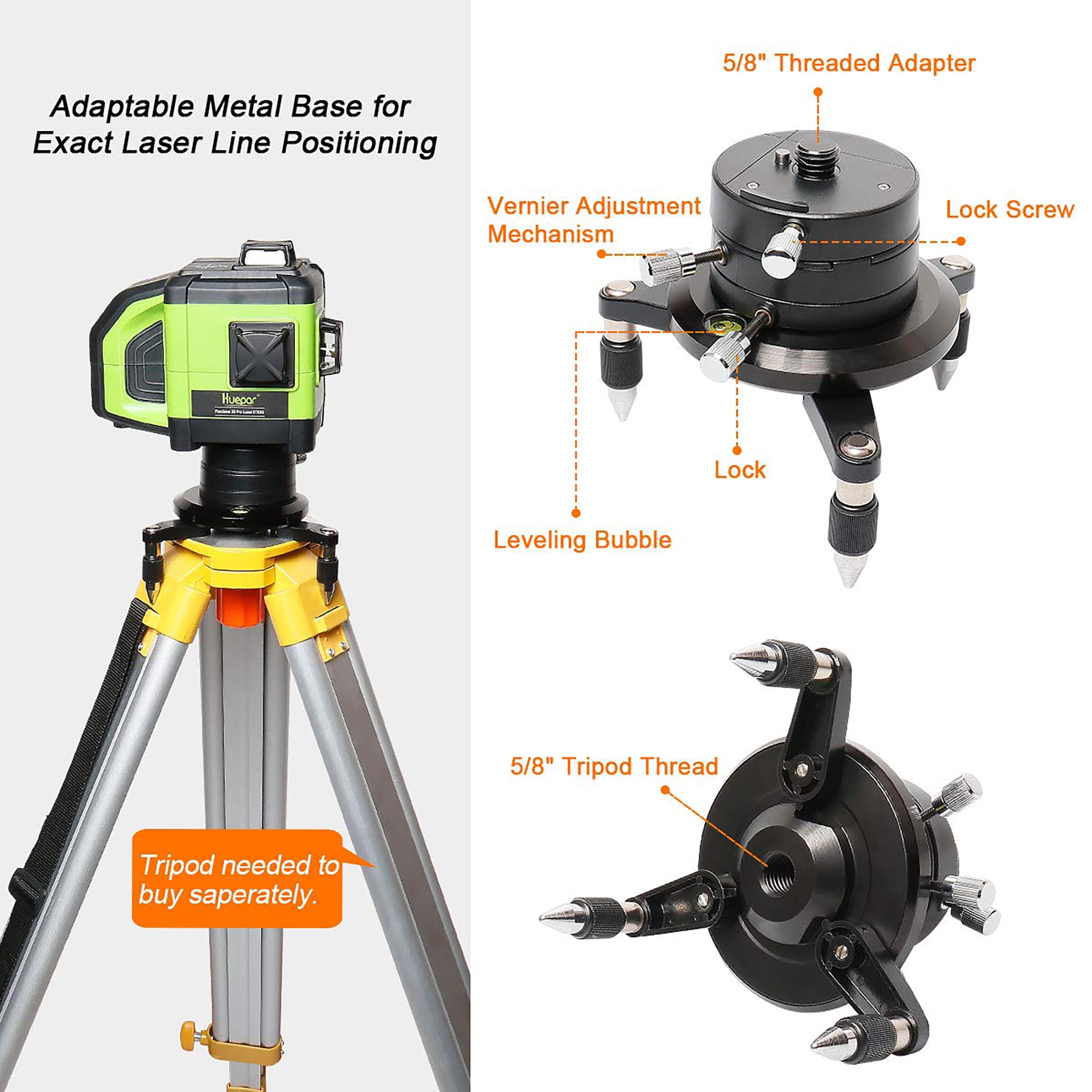 Huepar DT03CG 3D Cross Line Laser Level, Green Beam — 200 ft Range, 3 × 360° Self-Leveling, Includes Laser Receiver, Metal Base, Rechargeable Battery