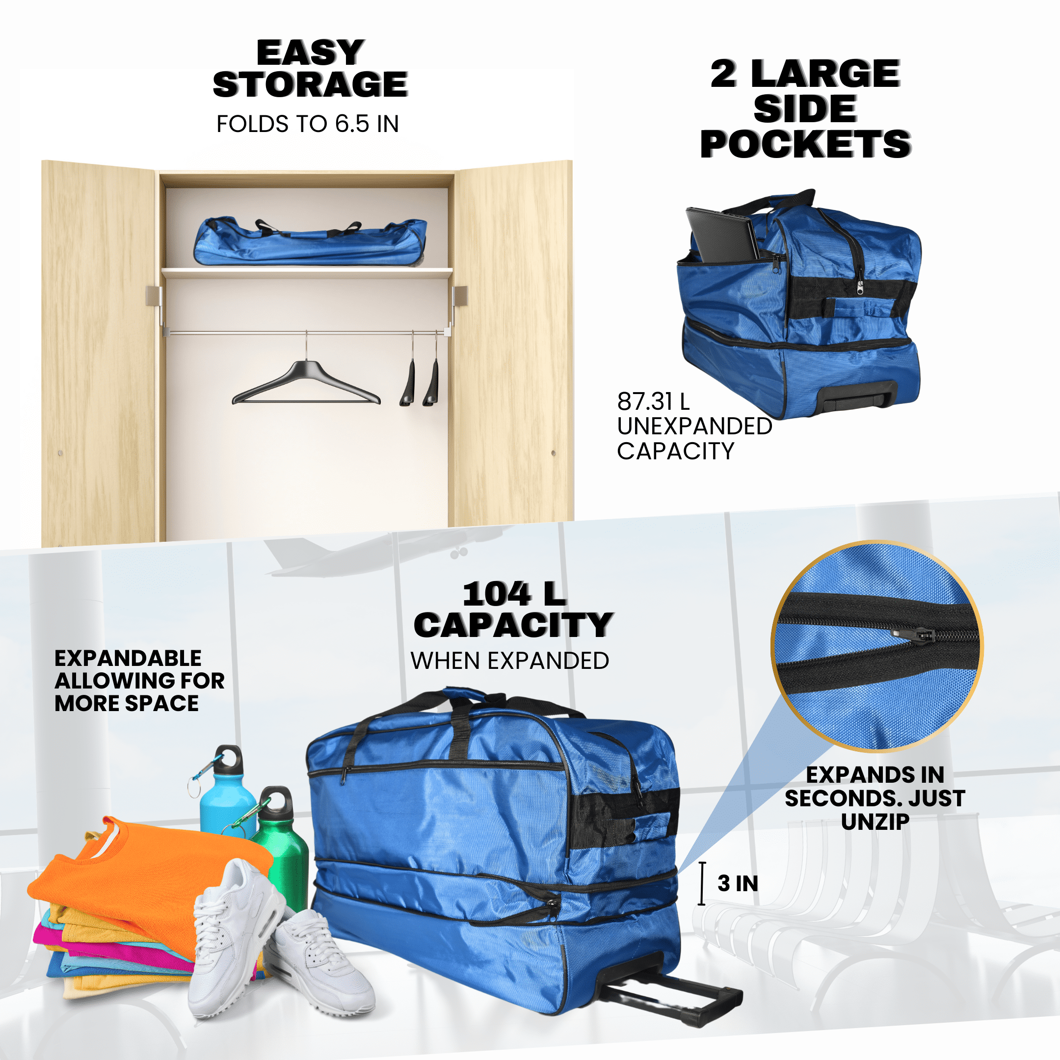 Duffle Bag Large 27.5 IN Polyester Wheeled for Weekender Moving Travel Blue