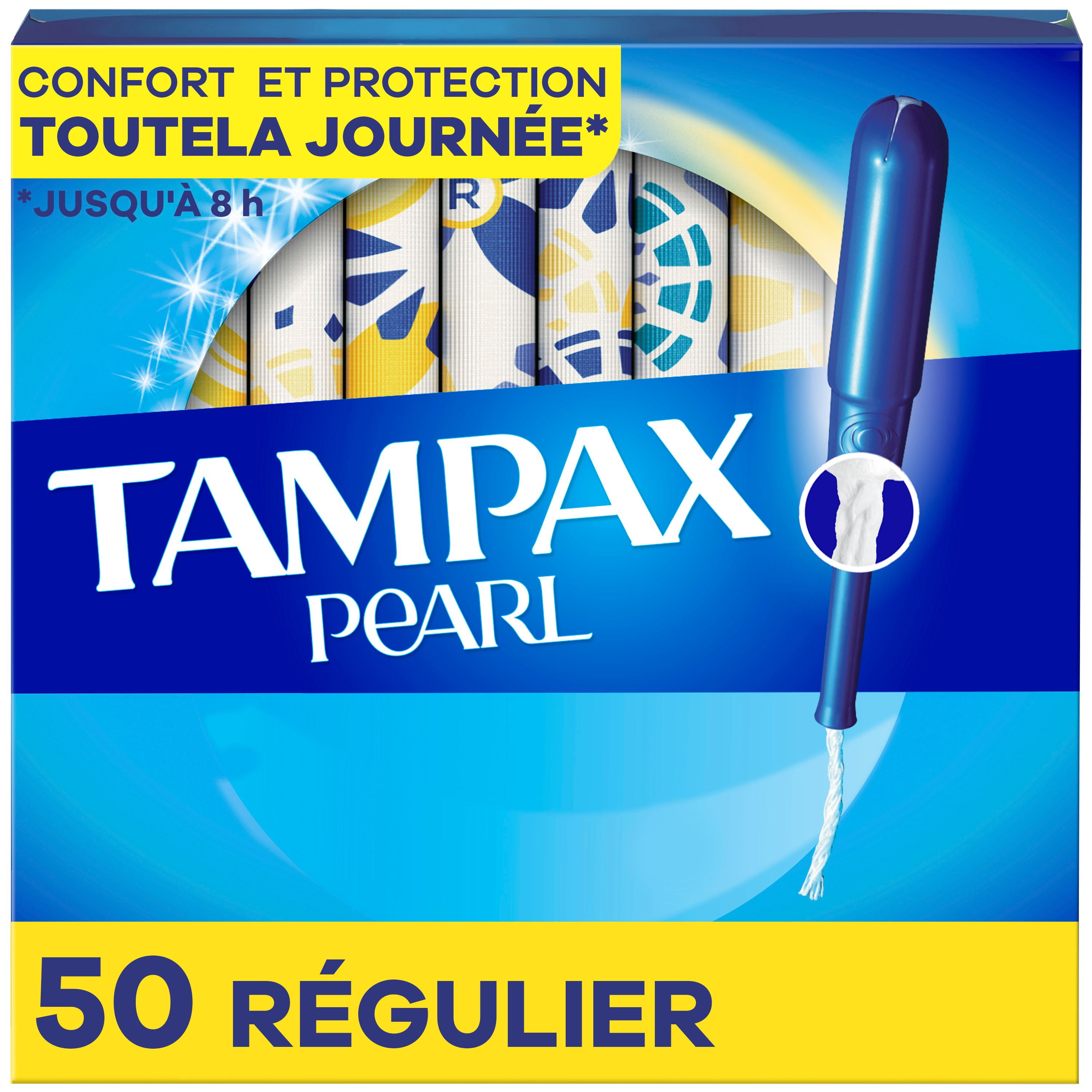 Tampons Tampax Pearl avec tresse anti-fuites LeakGuard, degré d’absorption régulier, non parfumés, 50 tampons 50CT