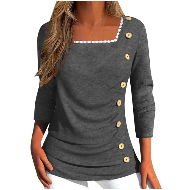 AherBiu Womens Blouses Long Sleeve Square Neck Loose Casual Tops Fall Button Ruched Comfy Tunics Shirts