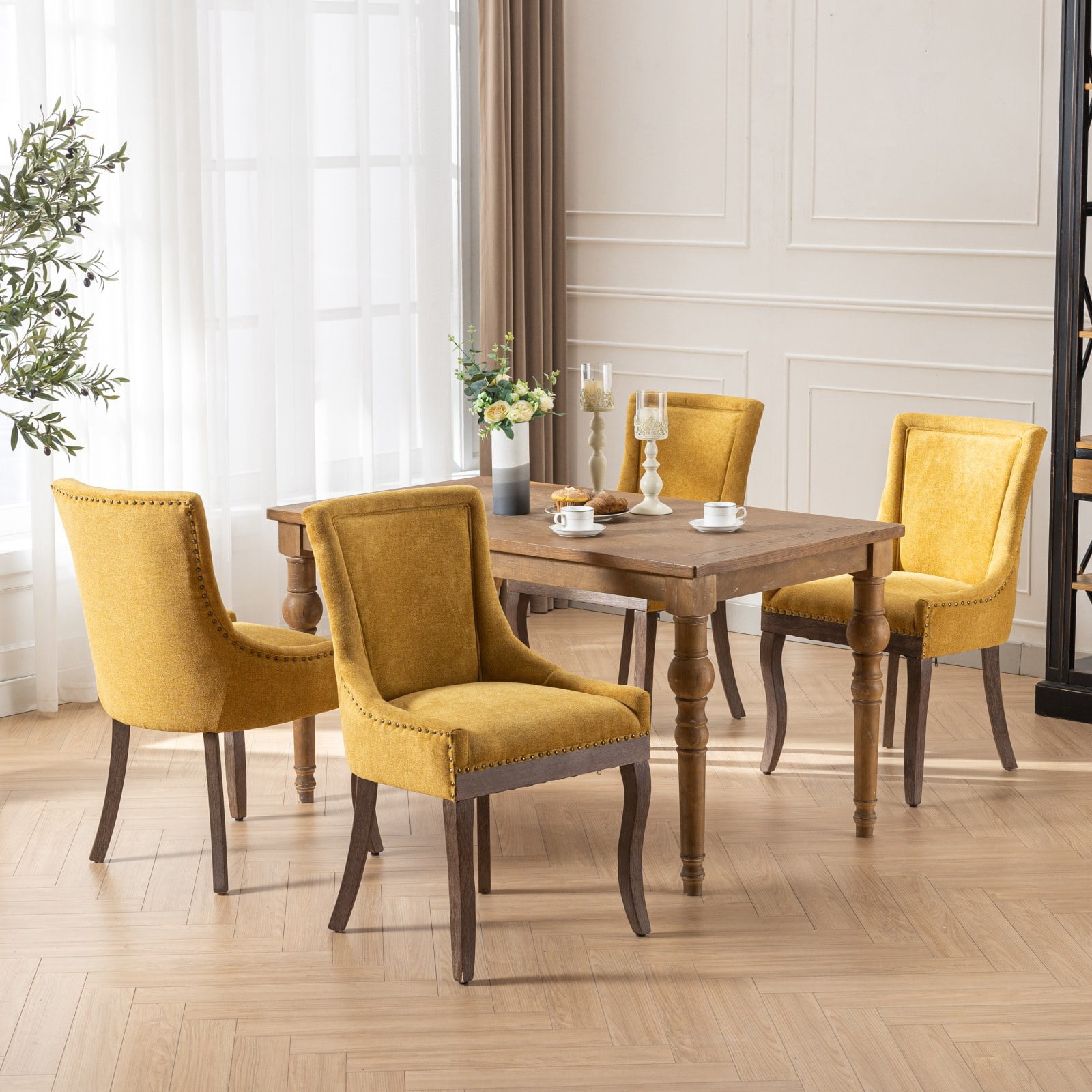 Gewnee Set of 2 Side Dining Chairs, Fabric Upholstered High Back Dining Table Chairs with Solid Wood Legs for Dining Room & Kitchen,Golden