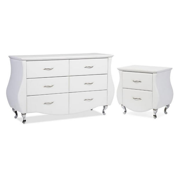 Enzo 2 Piece Faux Leather Double Dresser And Nightstand Set In White Walmart Com Walmart Com