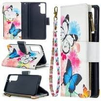 Samsung Galaxy S21 5G Case with Zipper Wallet, Dteck Painted PU Leather Folio Case 9 Card Slots Wallet Case with Zipper Pocket / Hand Strap for Samsung Galaxy S21 6.2 inch, 01# White Butterfly