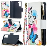Samsung Galaxy S21 5G Case with Zipper Wallet, Dteck Painted PU Leather Folio Case 9 Card Slots Wallet Case with Zipper Pocket / Hand Strap for Samsung Galaxy S21 6.2 inch, 01# White Butterfly