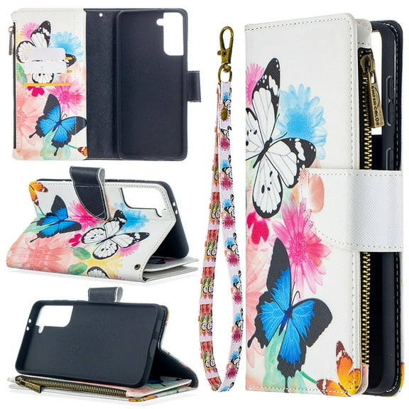 Samsung Galaxy S21 5G Case with Zipper Wallet, Dteck Painted PU Leather Folio Case 9 Card Slots Wallet Case with Zipper Pocket / Hand Strap for Samsung Galaxy S21 6.2 inch, 01# White Butterfly