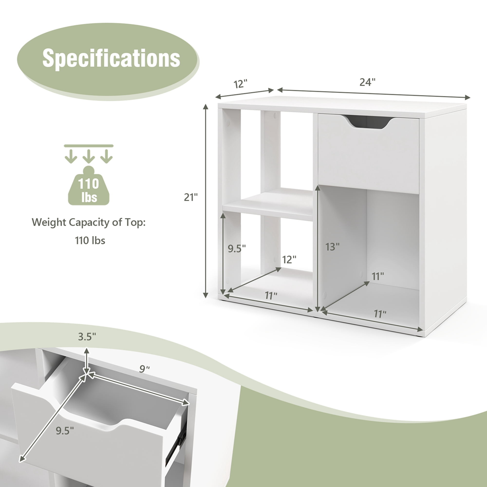 Costway 3-Cube Bookcase Organizer with 2-tier Wooden Storage Shelf & Pull-out Drawer