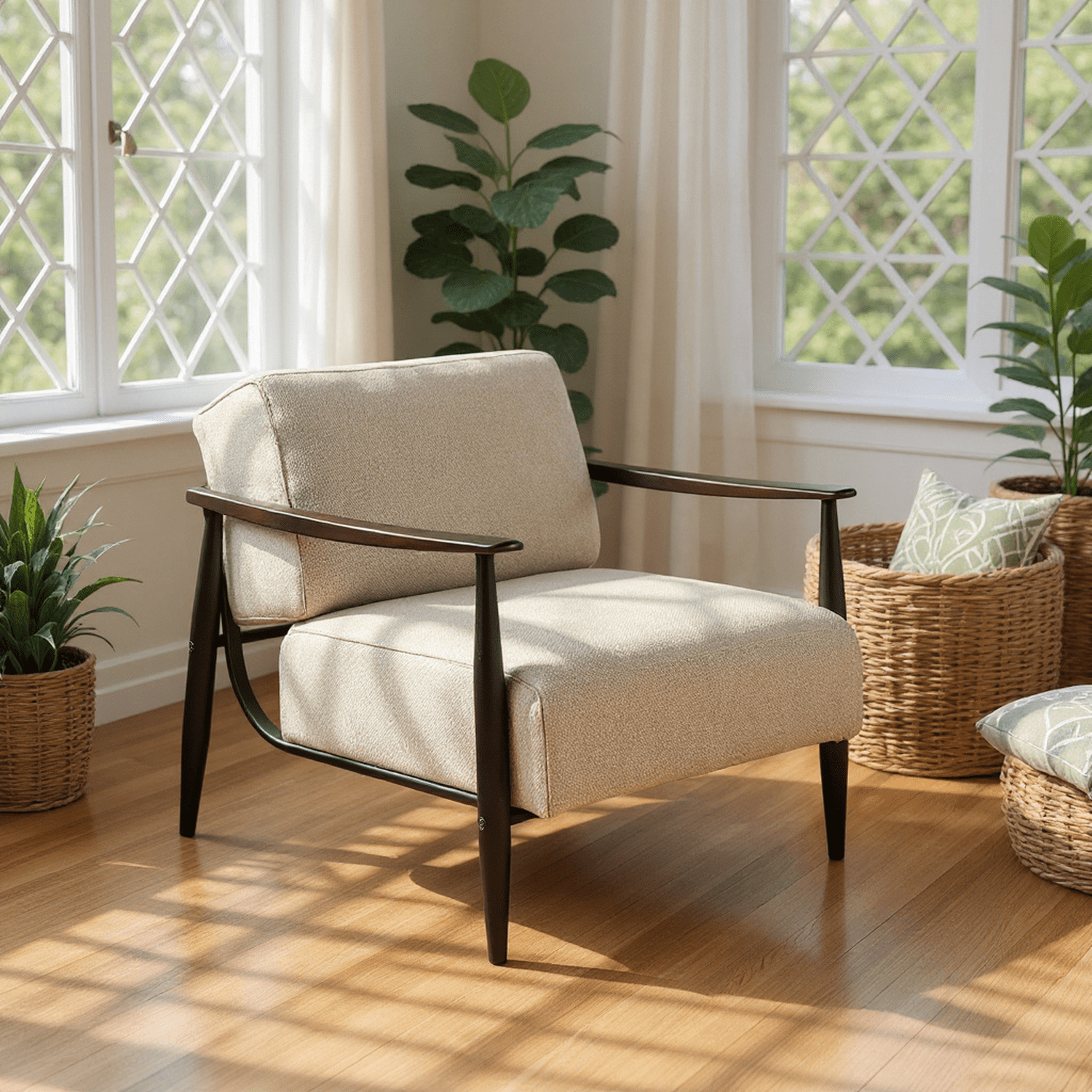 Homy Casa Mid-Century Accent Chair with Dark Wood Armrests, Beige Fabric Armchair