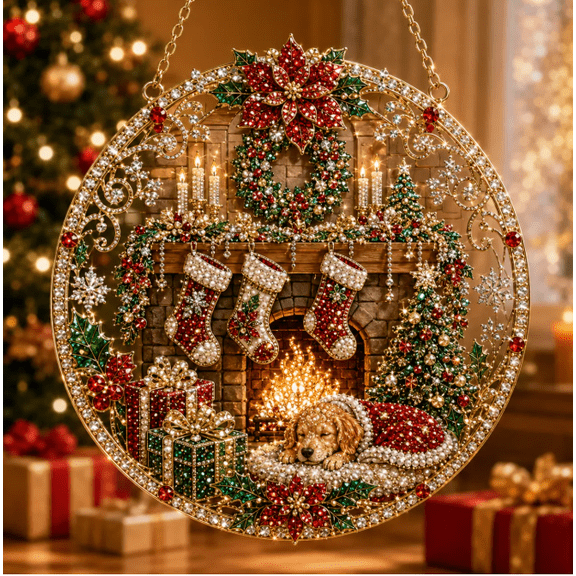 2026 Christmas Suncatcher Diamond Art Hanging Ornament Kit Cozy Christmas Fireplace