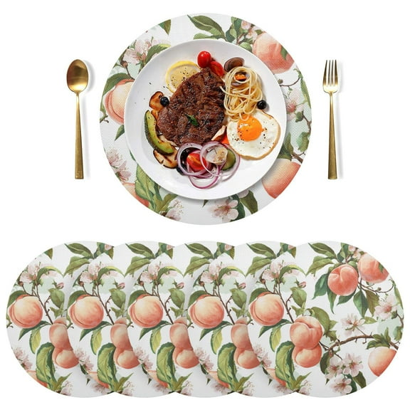 Round Placemats Plate Mats 15 Inch Non-Slip Heat Resistant Washable PVC Set Table Decoration for Kitchen Dining Peach Fruit Pattern
