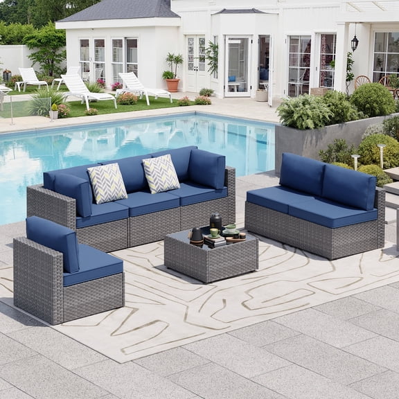 Walsunny 7 Piece Outdoor Patio Furniture Set, All-Weather PE Rattan Wicker Modular Sectional Conversation Sofa Set with Thick Cushions & Glass Coffee Table for Backyard, Poolside, Garden, Aegean Blue
