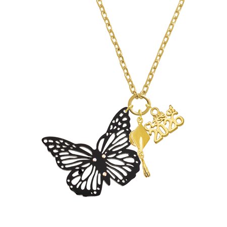 Delight Jewelry Acrylic Cut Out Butterfly Black - Gold-tone Class of 2026 Graduation Zoey Charm Necklace, 28"