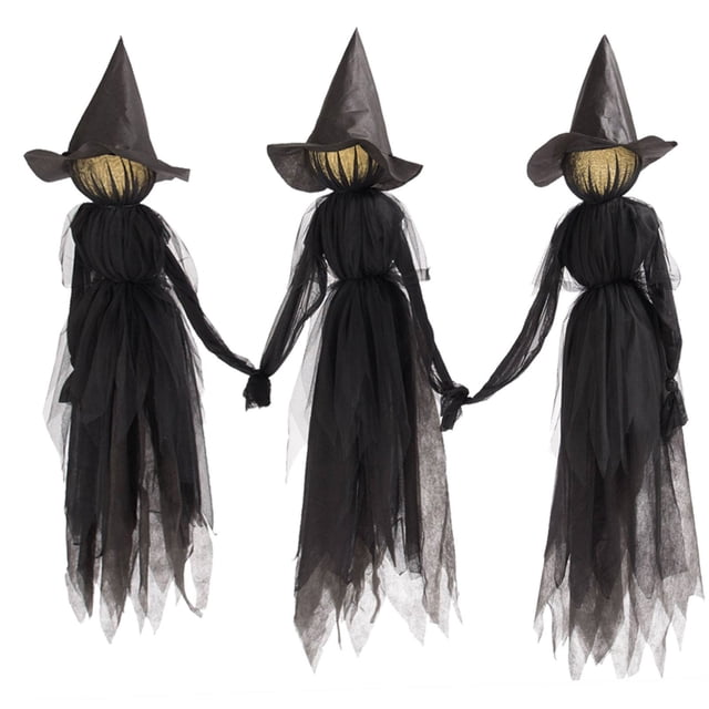 3 Pcs Halloween Witch Decorations Outdoor, 59.06 Inch Light-Up Holding Hands Halloween Witches with Stakes, Voice Control Screaming Lighted Witches Waterproof Life Size for Outdoor Halloween Decor