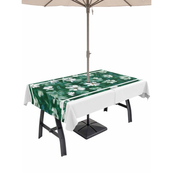 54x80 Inch Outdoor Tablecloth with Umbrella Hole Zipper Rectangle Green Flowers Rectangular Tablecloths Outside Waterproof Spring Floral Watercolor Botanical Patio Table Cloth Cover for Picnic Party