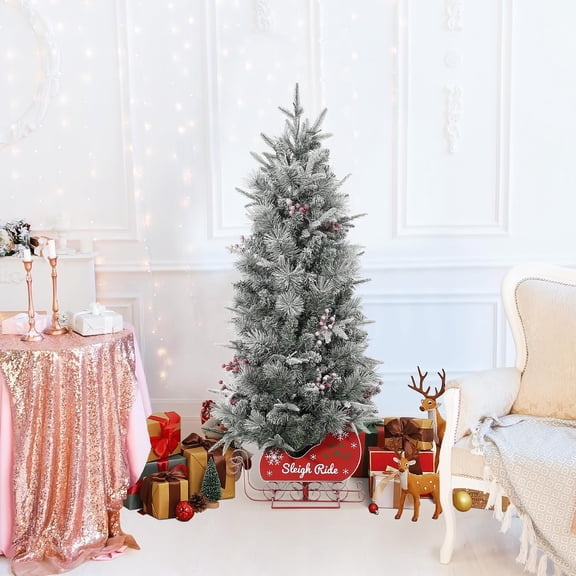 3ft 2-Pack Pre-Lit Snow Flocked Christmas Trees, 8 Modes Battery Sleigh Base Decor