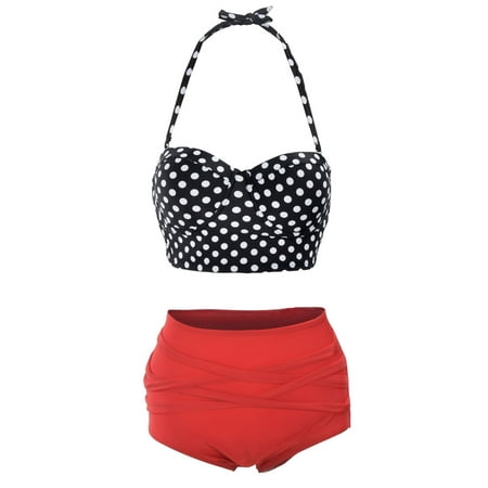 Women's Vintage High Waist Swimsuit Swimwear Bikini Set, Red Bottom, L ...