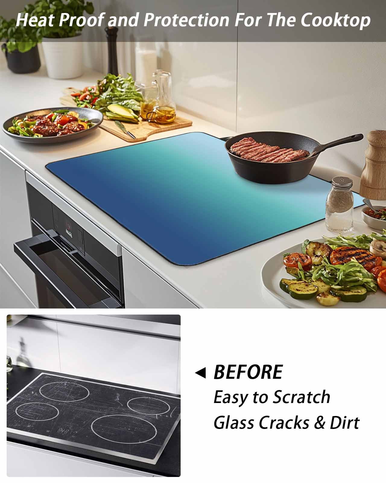 Stove Top Covers for Electric Stove, Teal Blue Ombre Glass Stovetop Cover Protector, Modern Abstract Art Gradient Aesthetics Induction Cooktop Protector Oven Mat for Kitchen Countertop 24"x21"