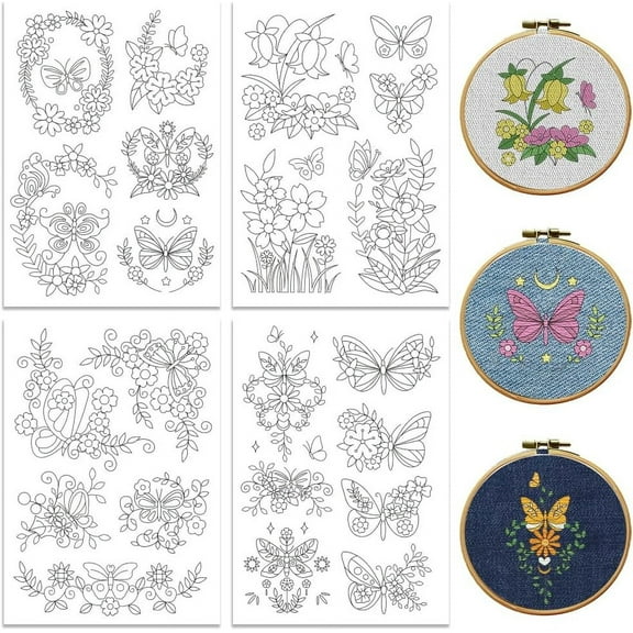 Peacoblue Water Soluble Embroidery Patterns for Beginners 4 Sheets with 33pcs Butterfly with Flowers Patterns Wash Away Embroidery Pattern Stabilizer for Hand Sewing Lover Women Adults
