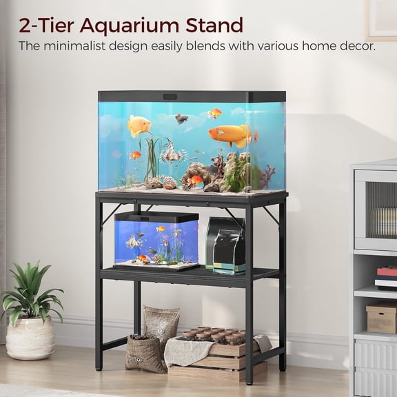 30 Gallon Fish Tank Stand, Aquarium Stand with 2-Tier Storage Shelves, Heavy Duty Breeder Turtle Terrarium Stand Rack for Home Office, 30.0" L x 11.8" W x 24.4" H, Black