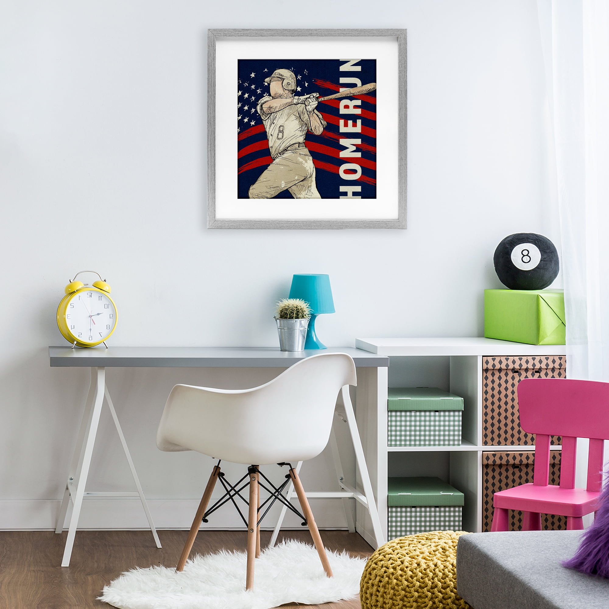 Patriotic Home Run Baseballer Gray Framed Print Under Glass, design by LightBoxJournal