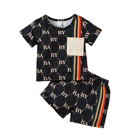 Kucnuzki 12 Months Infant Boy Summer Outfits Shorts Sets 18 Months Short Sleeve Monogram Prints T-Shirt Tops WalkShorts 2PCS Set Black