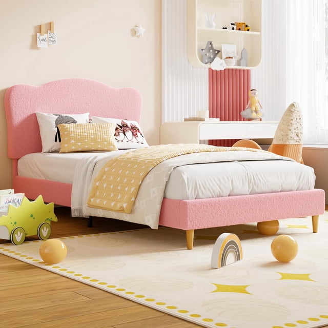 Memoryfield Cadre de Lit Format Simple avec Tête de Lit Rembourrée, Plateforme Profil Bas, Robuste, Lattes en Bois, Sans Bruit, Aucun Sommier Requis, Rose Pâle