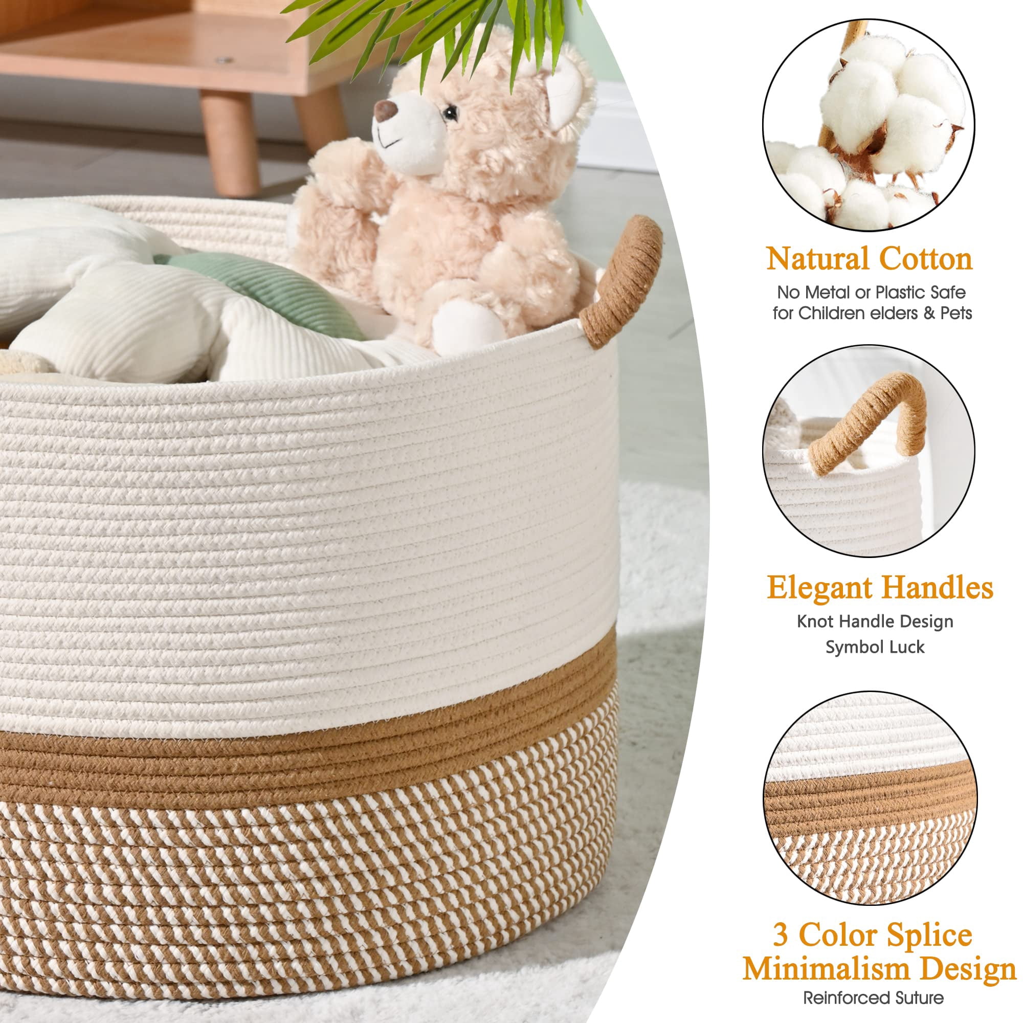 Large Blanket Basket（21“x13”）,Storage Basket for Organizing, Dog Toy Bin,baby laundry basket,Cotton Rope Blanket Basket for Living Room, Laundry, Nursery, Pillows (White and Brown)