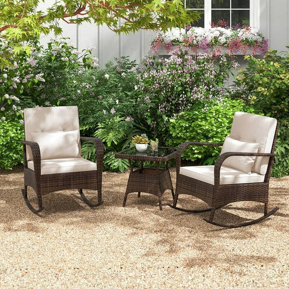 Costway 3 PCS Rocking Bistro Set with Removable Cushions & Tempered Glass Top Coffee Table Brown