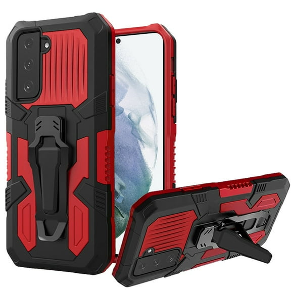 For Samsung Galaxy S22 Rugged Heavy Duty Dual Layers Hybrid Shockproof Protective with Built in Metal Clip Holder & Kickstand Cover ,Xpm Phone Case [Red]
