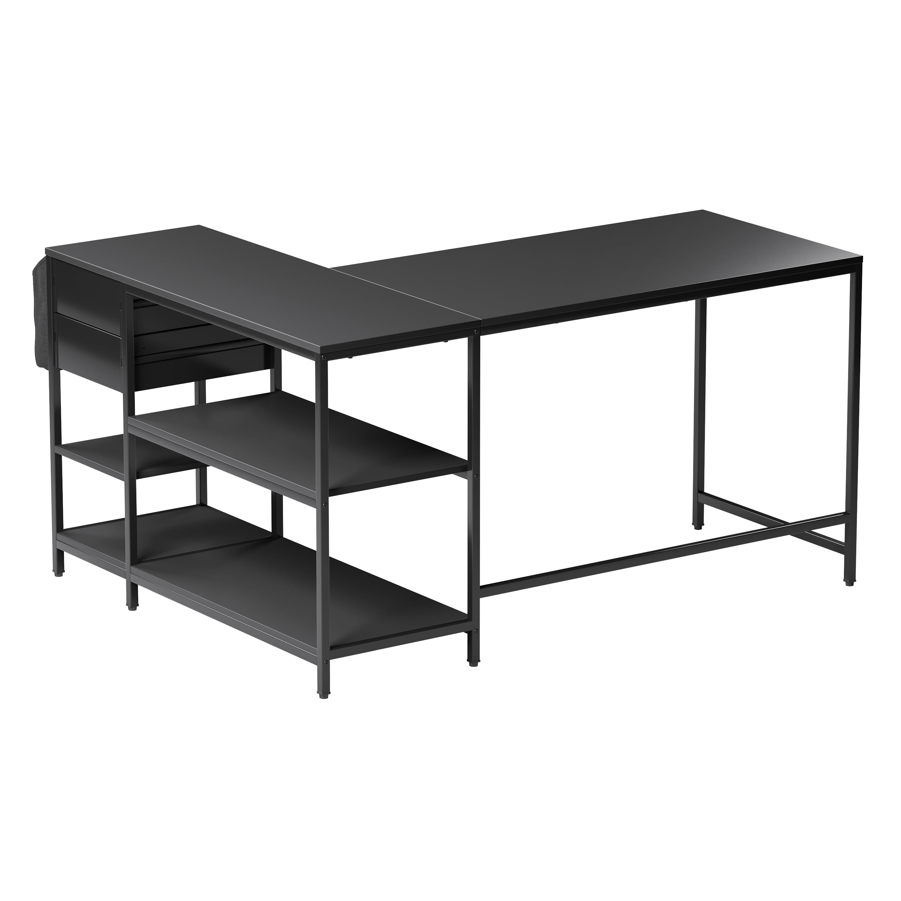 Modern L-Shaped Desk with Storage, Corner Computer Desk for Home & Office with, 2 Drawers, Open Storage Shelves, Fabric Organizer & Sturdy Metal Frame, Black