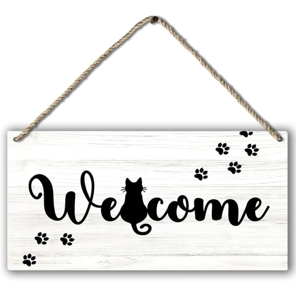 10x5 inch wood plaque - Funny Black Cat Welcome Printed Wood Plaque Sign Wall Hanging,Rustic Hanging Wall Signs for Cat Lover Home Decor, Funny Front Door Porch Welcome Sign