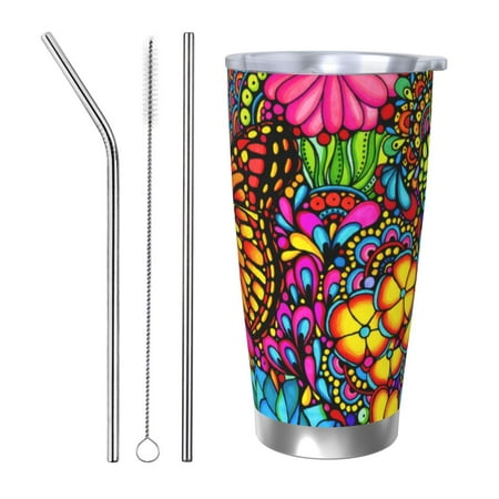 

Ocsxa Butterfly Garden Pattern 20oz Travel Coffee Mug with Flip Lid Stainless Steel Insulated Insulated Coffee Mug Thermal Cup with Splash Proof Sliding Lid-Straw Three-piece Set
