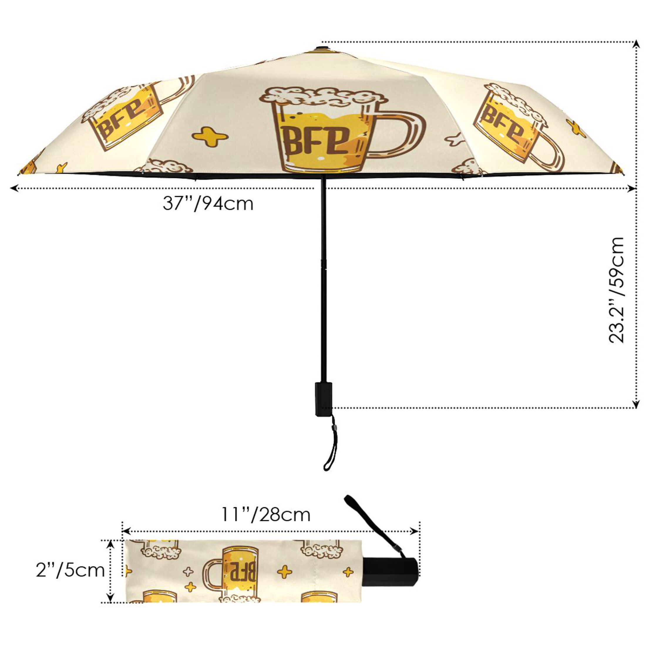 Cartoon Beers and Stars All Weather Umbrella Triple Folding Parasol 6 Ribs UV Protection Portable