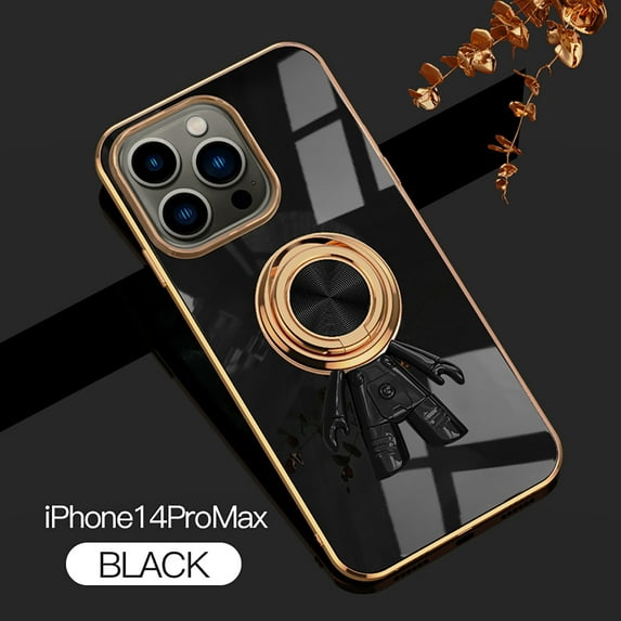 Feishell Slim Case for iPhone 14 Pro Max,Stylish Plating Cute Astronaut Portable Finger Ring Kickstand Shockproof Lightweight Flexible Silicone Magnetic Car Holder TPU Phone Case,Black