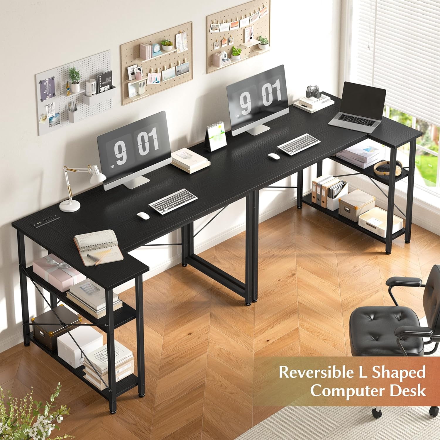 CHTER Small Computer Desk with Storage Shelves & Side Bag, 40 Inch L Shaped Gaming Desk with Power Outlets, Corner Desk Study Writing Table for Home Office Bedroom Living Room, Black