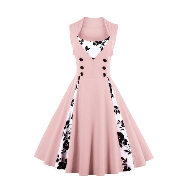 Robe de Bal Vintage Femme Imprimé Rétro Sans Manches à Empiècements Soirée Col en V Fête Bal Robe Vintage