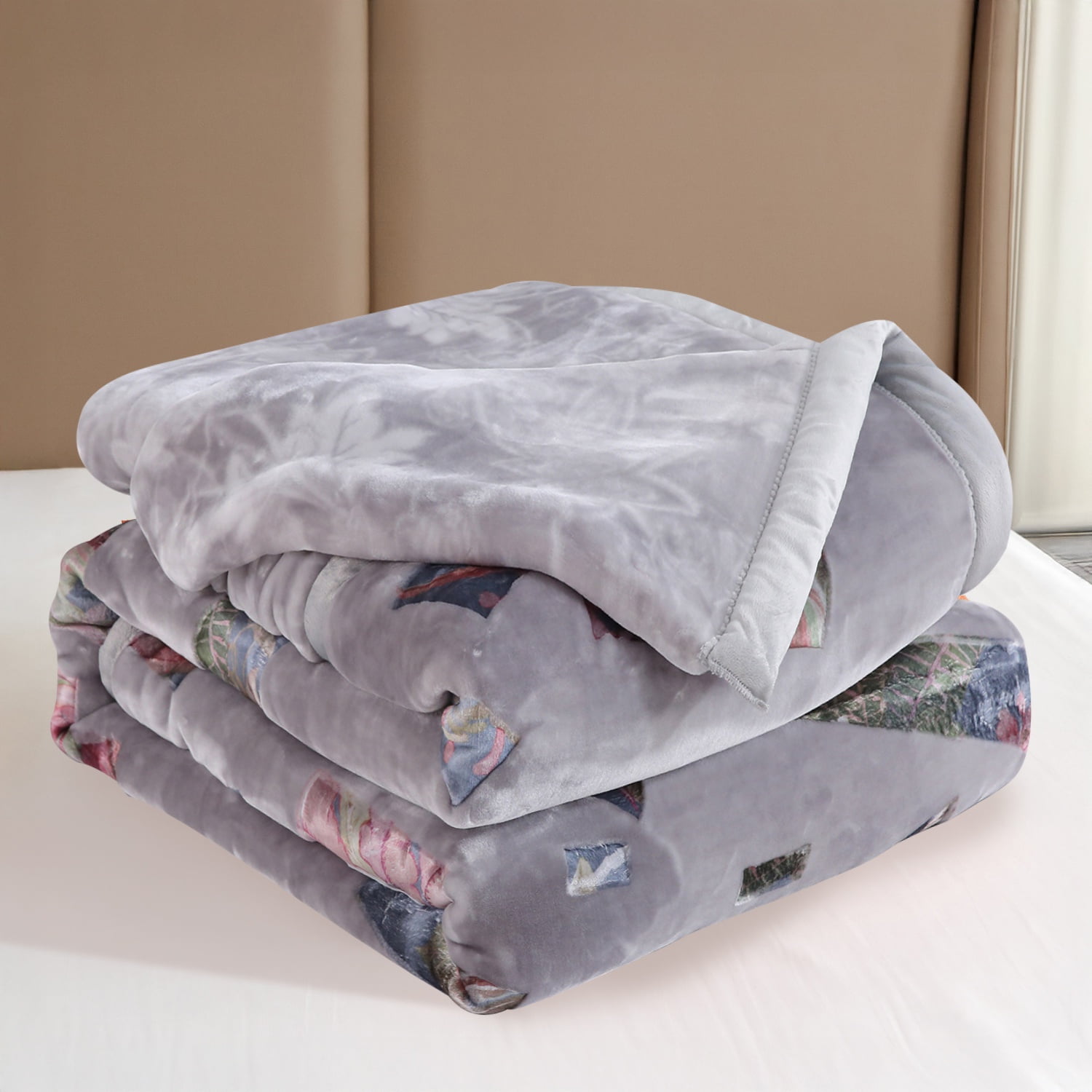 Heavy Thick Fleece Blanket King Size, 10.5lbs,2 Ply A & B Pattern Silky Soft Warm Reversible Raschel Winter Blanket, Minky Soft Plush Blanket for Sofa Bed, 87"x94", Gray
