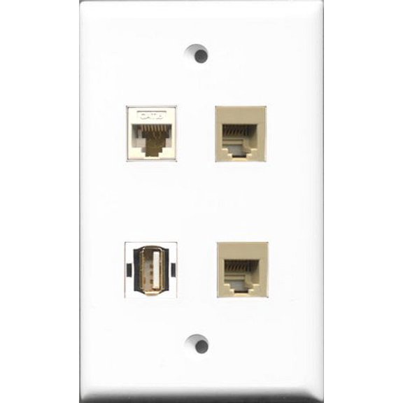 RiteAV 1 Port USB A-A 2 Port Phone RJ11 RJ12 Beige and 1 Port Cat6 Ethernet White Wall Plate