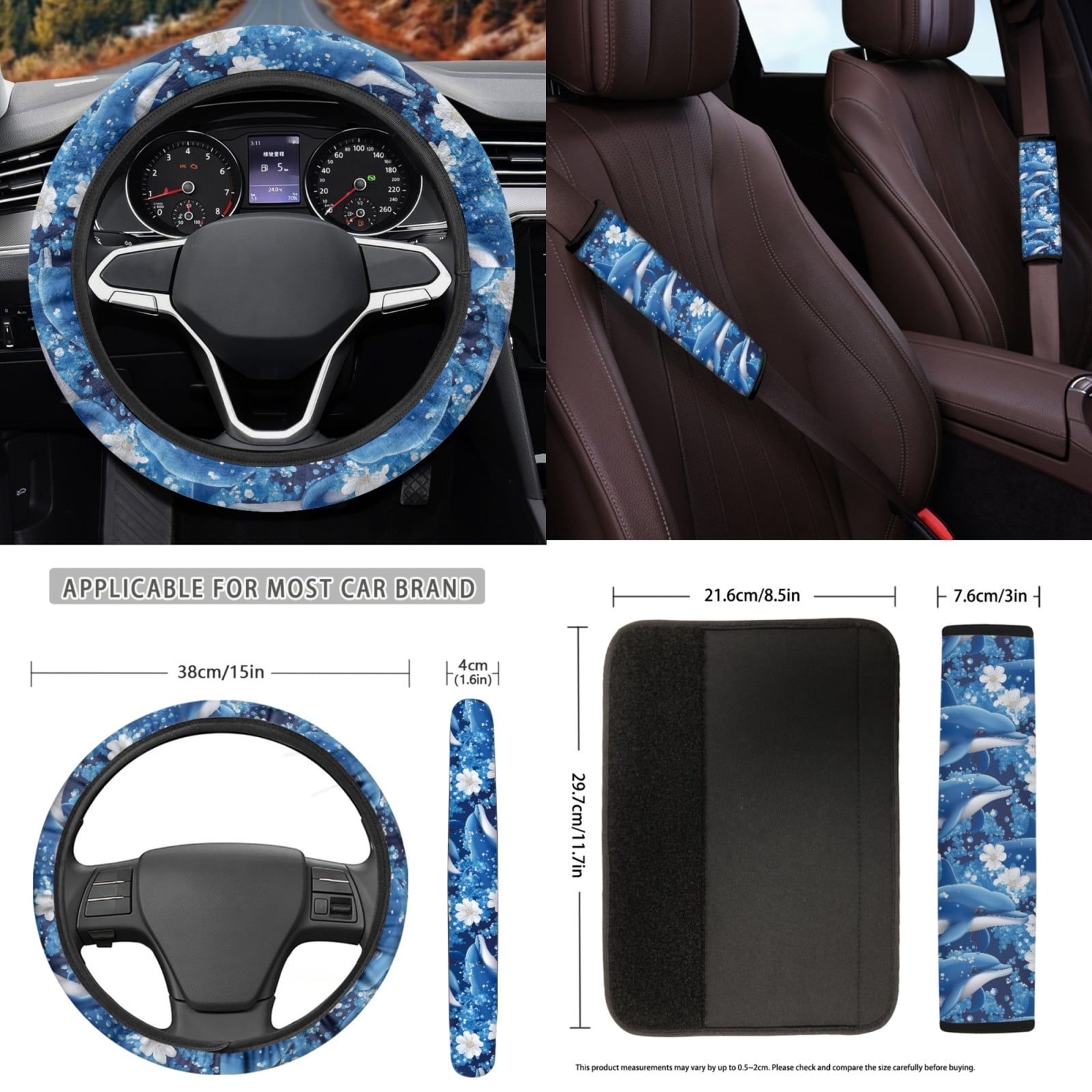 Yuyamidu Blue Dolphin Car Seat Cover Set with Floor Mats Flower Steering Wheel Cover Seat Belt Cushion Pad Auto Handbrake Cover Set Car Coasters, 15 Piece
