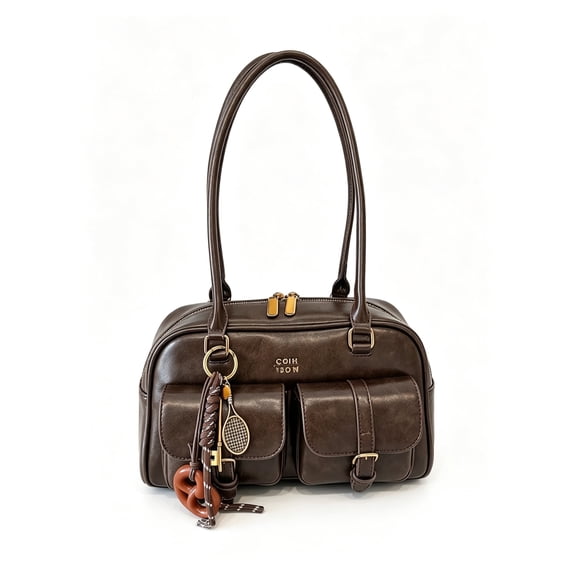 Women's Vintage Brown Shoulder Handbag Multi Pocket Satchel Tote Bag with Charm