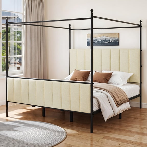 Uforic King Upholstered Metal Canopy Bed with Adjustable Platform Frame, Cushioned Headboard & Footboard, Beige