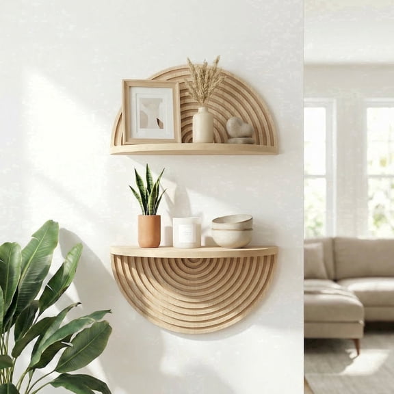 American Art Decor Natural Boho Arched Lunar Ledges Wall Shelf, Wood 2 Piece Floating Bookshelf for Wall, Modular Arch Display Shelf for Bedroom Bathroom Kitchen Living Room Decor, 6.62" H x 11.75" L