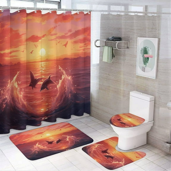 Sunset Jumping Dolphin 4 Piece Shower Curtain Sets, with Non-Slip Rugs, Toilet Lid Cover And Bath Mat, for Bathroom Decor Set