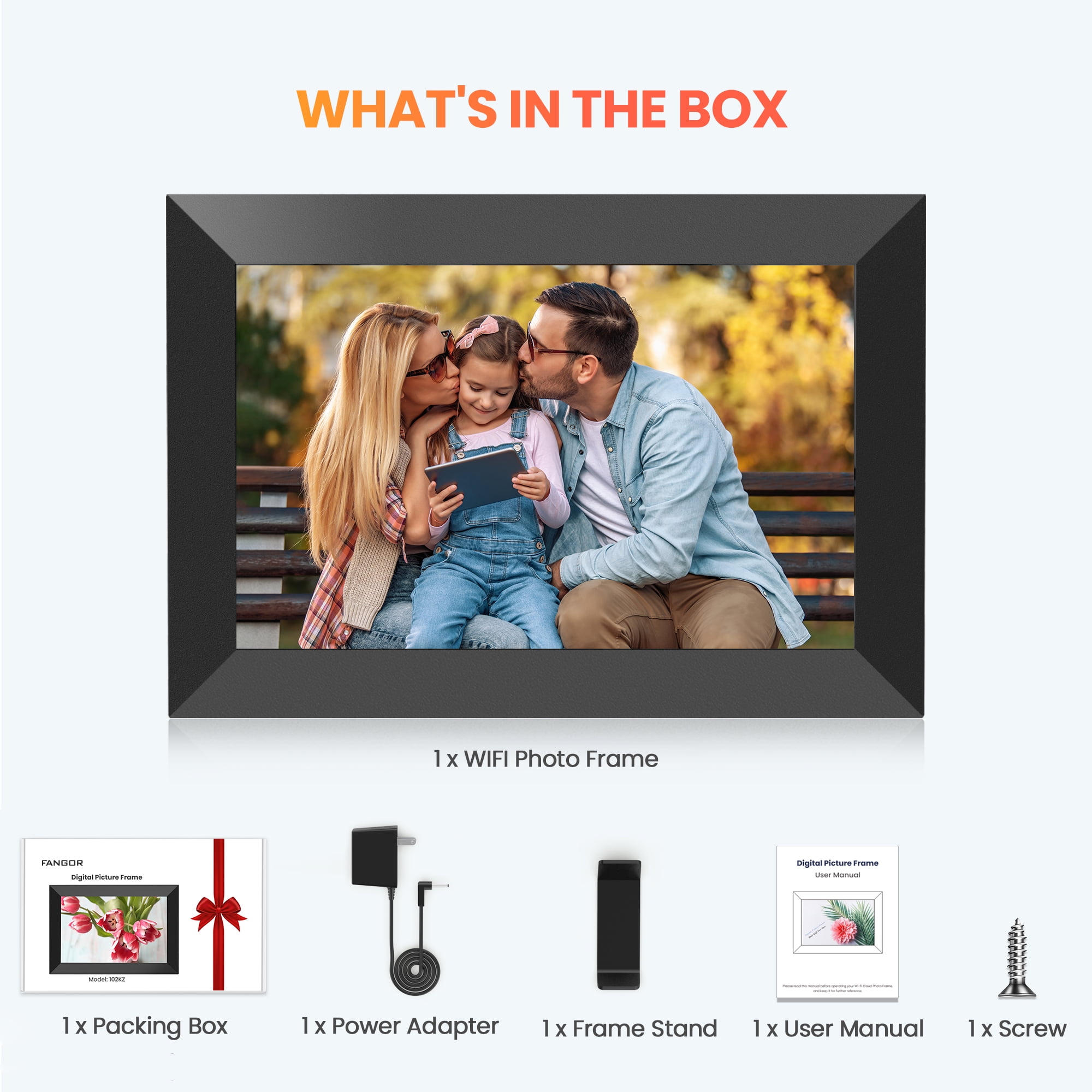 FANGOR WiFi Digital Picture Frame, 10.1 Inch IPS Touch Screen Smart Photo Frame with 16GB Memory, Auto-Rotate, Wall Mountable, Send photos & videos via free app,Best gift for family!