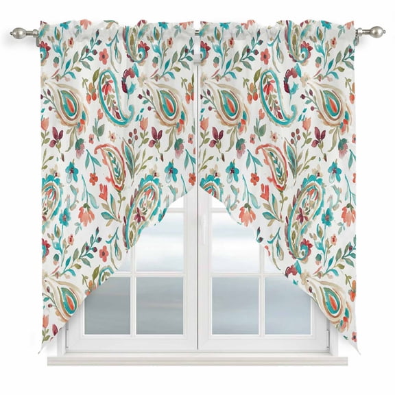 Boho Flower Swag Curtains for Living Room/Bedroom, Spring Watercolor Paisley Floral Leaf Plant Swag Kitchen Curtain Valances for Windows, Tier Topper Scalloped Curtain 2 Panels, 72"W x 63"L