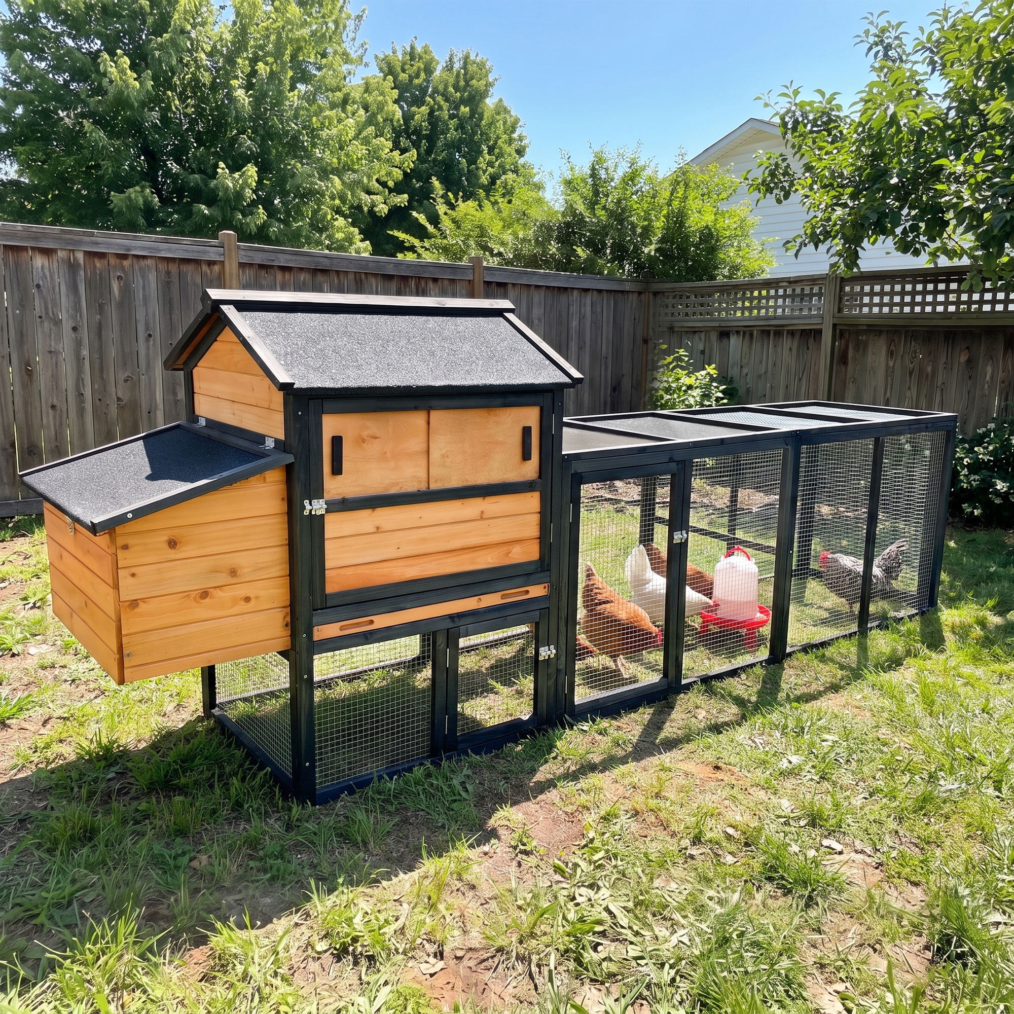 Backyard Chicken Coop with Nesting Box, Weather Resistant Wooden Hen House, Walk-In Run Options, Fits 2-6 Chickens, Brown Coop with Run