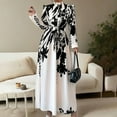 thumbnail image 3 of MORTTIC Women's Floral Print A-Line Stand Collar Elegant Lantern Long Sleeve Maxi Dress Waist Detail Ruffle Hem Apricot & Black S, 3 of 6