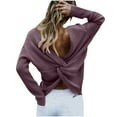 thumbnail image 5 of Lovskoo Sweaters for Women Long Sleeve Fall and Winter Knitted Shirt V-Neck Pullover Medium Length Twist Front Tops Sweater Purple, 5 of 5