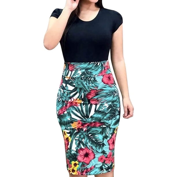 Vestido Ceñido Al Cuerpo Vestido Con Estampado Floral Vestido de Retazos de Colorvestido de Mujer Cuello Redondo Vestido de Nalgas de Flores de Retazos de Color Odeerbi ODB113736