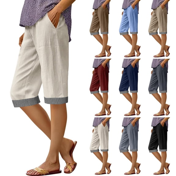 Luvrsol Capris for Women with Pockets Plus Size Solid Cotton-Linen Casual Pants, S-3XL