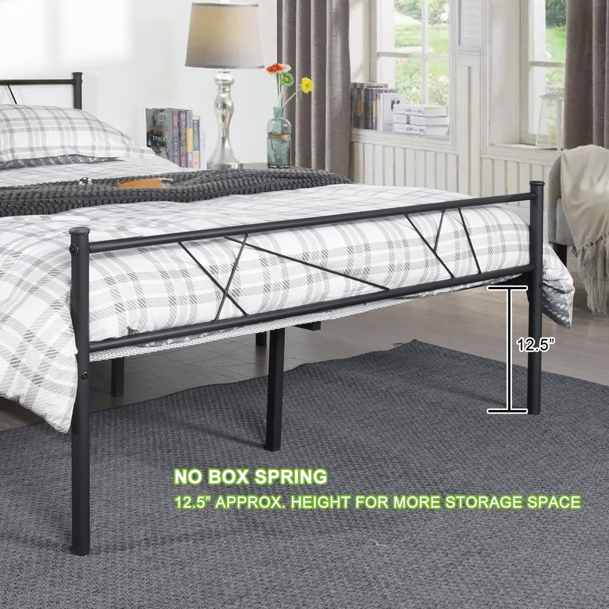 Geniqua Full Size Bed Frame Black Steel Platform Modern Headboard Footboard Foundation Tool Free Assembly No Box Spring Needed